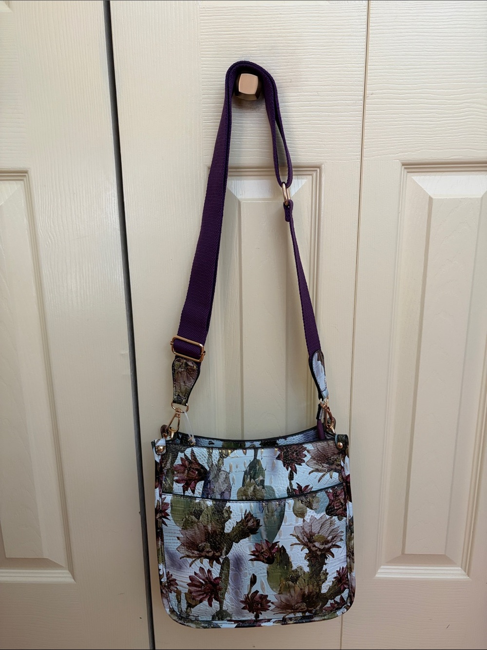 Floral Crossbody Bag with Purple Strap and Wristlet